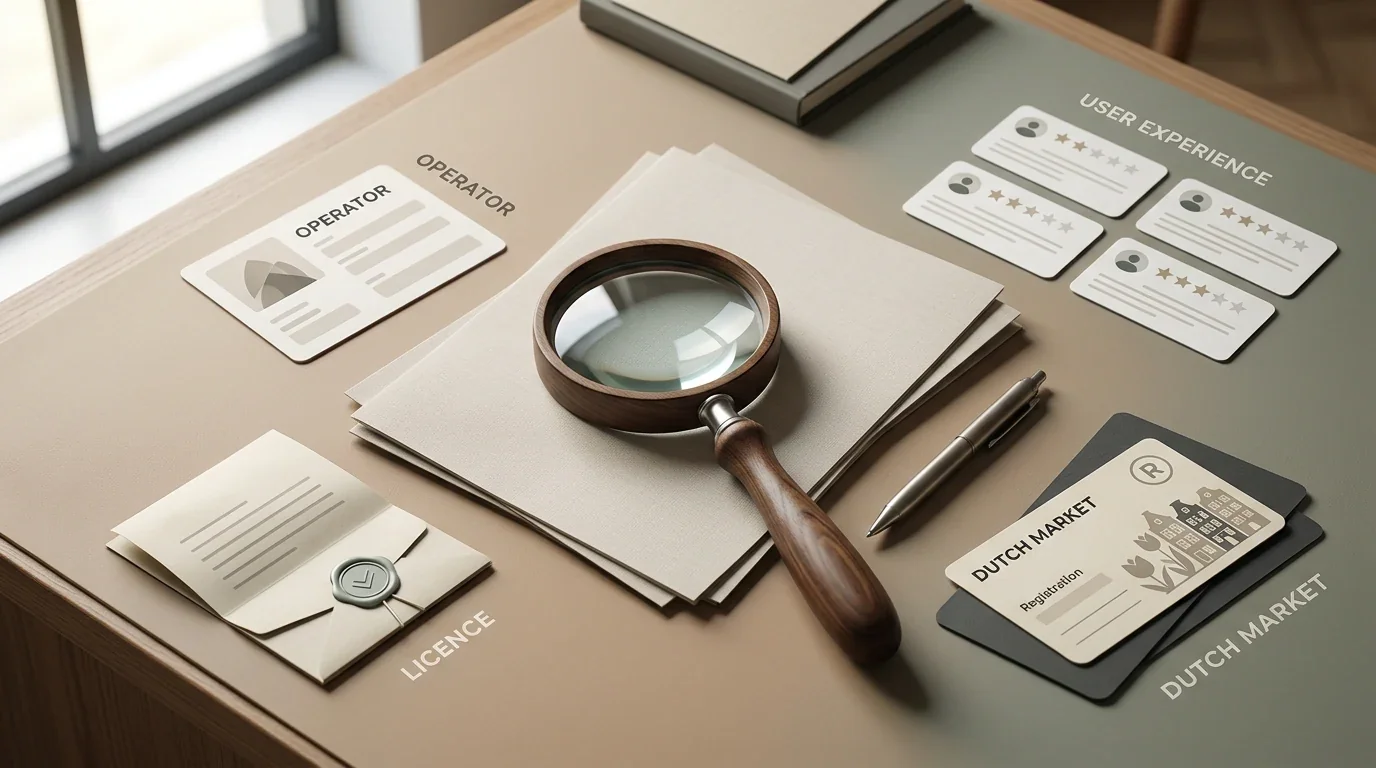 Redactionele illustratie van een trust-check met documenten, vergrootglas en afzonderlijke controlepunten