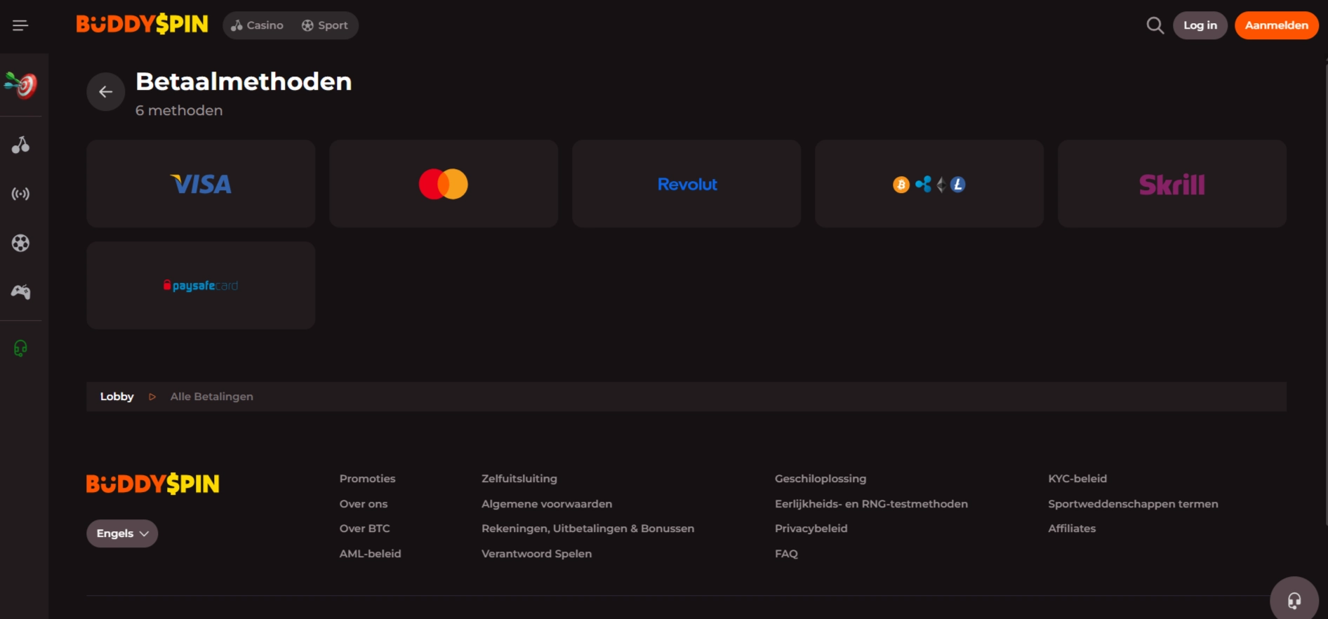 Actuele weergave van de officiële Buddyspin betaalpagina met Visa, MasterCard, Apple Pay, Google Pay en Crypto