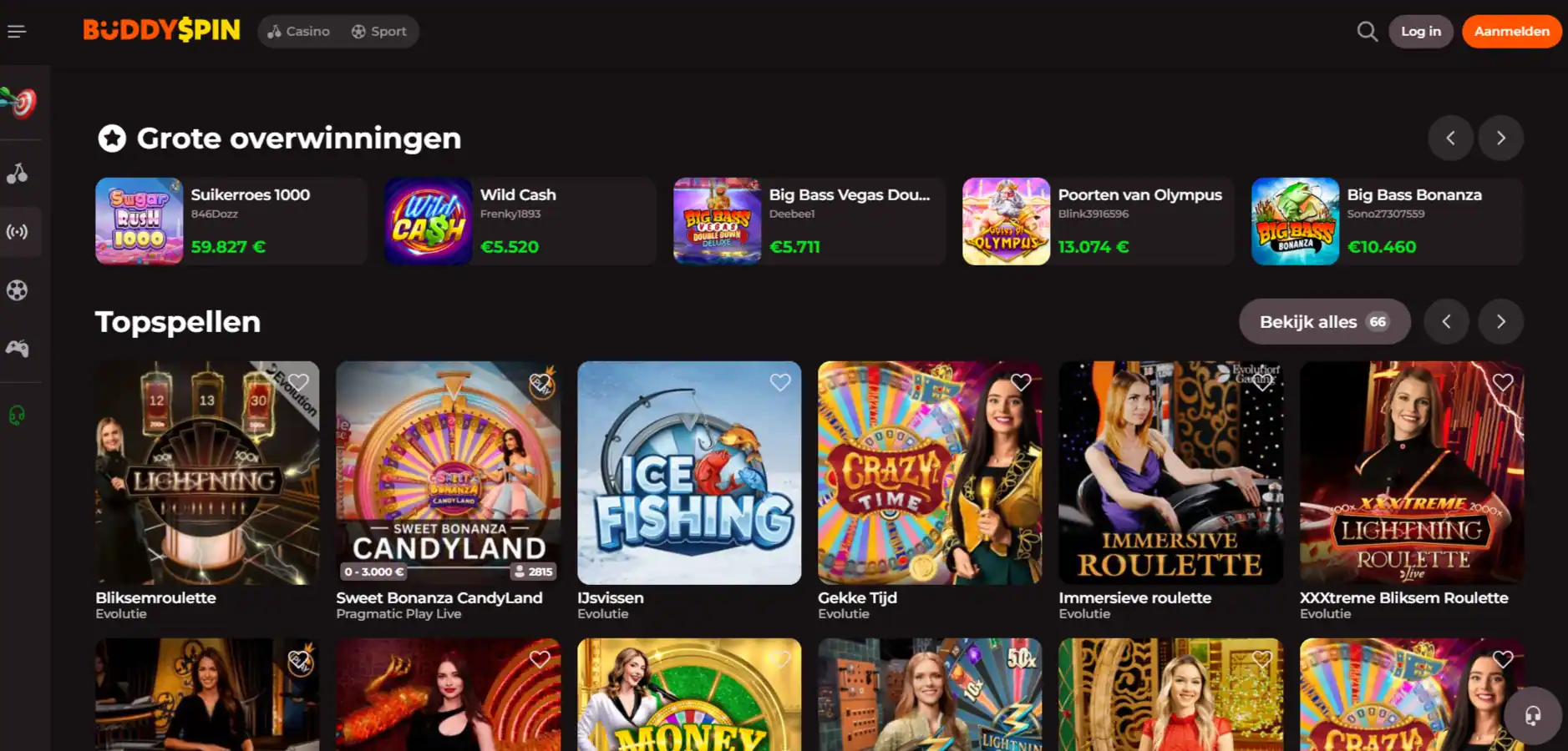 Actuele weergave van de Buddyspin spellobby met echte spelcategorieen en titels