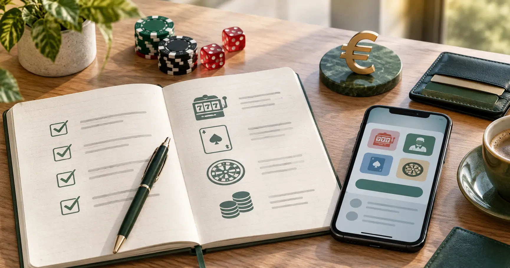 Redactionele illustratie met checklist, euroteken, smartphone en spelcategorieën voor een Buddyspin review in Nederland